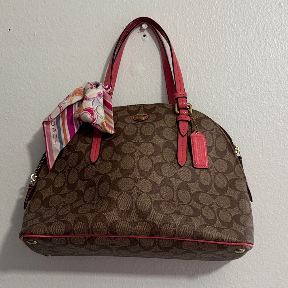 Coach Brown Monogram Dome Satchel with orange  Trim